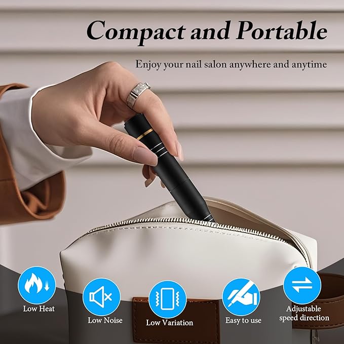 QPVZX Electric Nail Drill, Ultra-Quiet Low Vibration Electric Nail File, Portable Electric Nail File for Crystal Gel Nails, Manicure and Pedicure Tools Polishing Set for Home and Salon Use (Black Set)