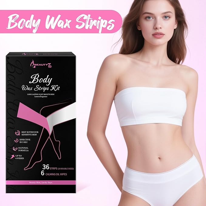 Beauty7 Body Wax Strips Kit, Ready to Use Waxing Strip, Facial Hair Removal, Arms Legs Underarm Bikini Hair Removal, 36 Strips 6 Calming Oil Wipes for All Skin Types