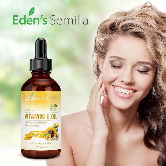 Eden's Semilla 100% Plant Extract Vitamin E Oil 35,000 IU + Organic Rosehip & Jojoba Blend - Fast Absorbing Skin Protection for Face & Body. Pure Ingredients - Ideal for Sensitive Skin - Use Daily