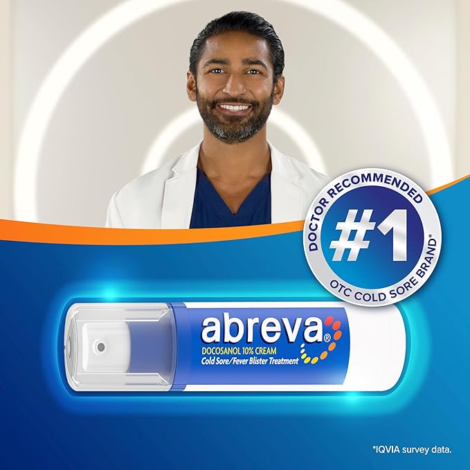 Abreva Docosanol 10% Cream Cold Sore Treatment, Fever Blister and Cold Sore Cream - 0.07 Oz Pump Bottle x 3