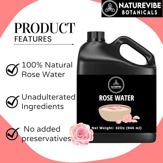 Naturevibe Botanicals Pure Rose Water Toner 32 oz Hydrating Facial Mist & Hair Spray | 100% Natural, Alcohol-Free Skin Care & Makeup Setting Spray
