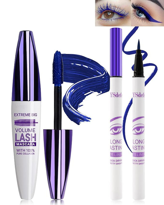 Blue Mascara Liquid Eyeliner Set,5D Waterproof Silk Fiber Colored Mascara Volume and Length,Longlasting Smudgeproof Color Eye Liner Pen,Christmas Colorful Eye Makeup Gift Kit for Women Girl-04