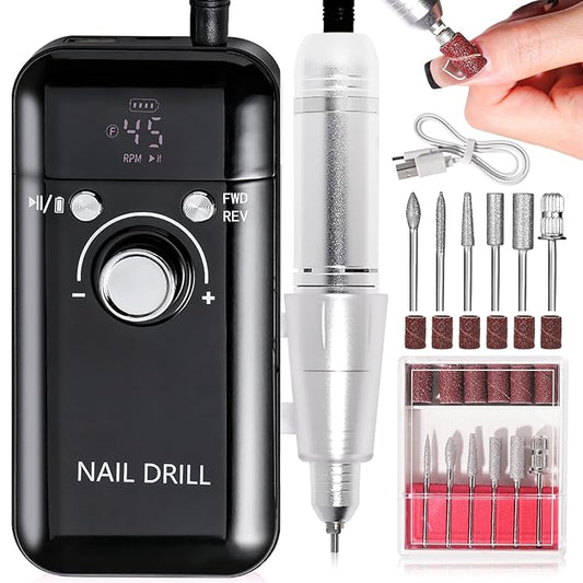 ANRLO Professional Electric Nail Drill, 45000 RPM Cordless Rechargeable E-File Machine, with 12 Bits, Sanding Bands, LCD Display for Acrylic Gel Nails (DMJ-V6-Black-USB)