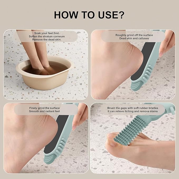 Dry or Wet Foot Callus Remover - Dual-Sided Pedicure Tool with Hidden Brush & Non-Slip Grip for Home Salon Use