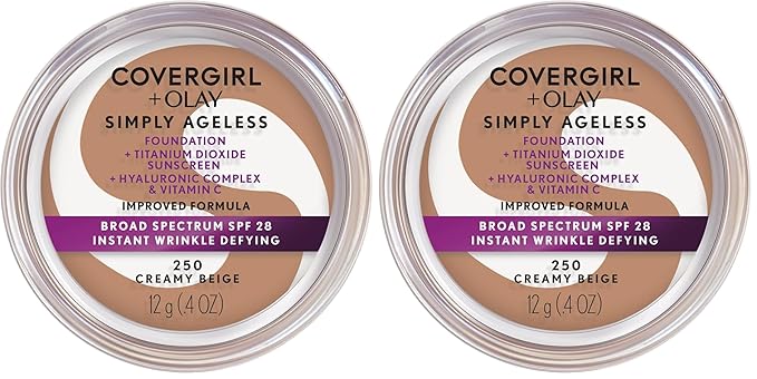 COVERGIRL Simply Ageless Instant Wrinkle Defying Foundation, SPF 28, Hyaluronic Complex & Vitamin C - 250 Creamy Beige, Pack of 2