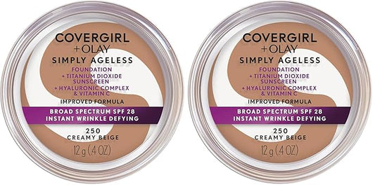 COVERGIRL Simply Ageless Instant Wrinkle Defying Foundation, SPF 28, Hyaluronic Complex & Vitamin C - 250 Creamy Beige, Pack of 2