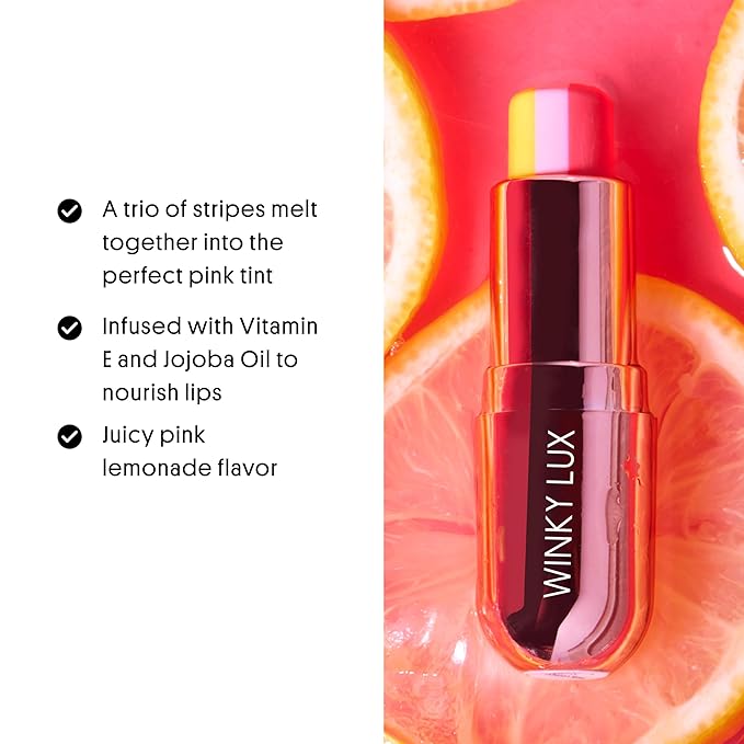 Winky Lux Pink Lemonade Tri-Color Tinted Lip Balm – Lip Care with Jojoba Oil & Vitamin E, Sheer Tint, Juicy Citrus Scent, Softens and Hydrates Dry Lips