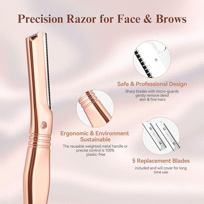 EROWZOLA Eyebrow Razor for Women and Men, Face Razors for Women, Dermaplane Razor with Protective Silicone Cover, Reusable Metal Handle with 6 Refill Blades, Skin Care Tool - Rose Gold