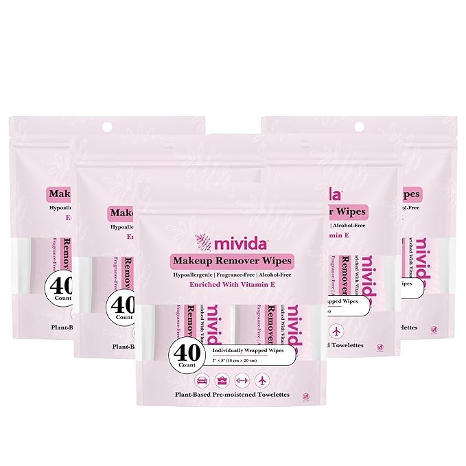 mivida Hypoallergenic Makeup Remover Wipes Individually Wrapped with Vitamin E, Alcohol Free, Fragrance Free Make up Remover Wipes for Face, Gentle for Sensitive Skin, Plant-Based 40 x 5 (total 200ct)