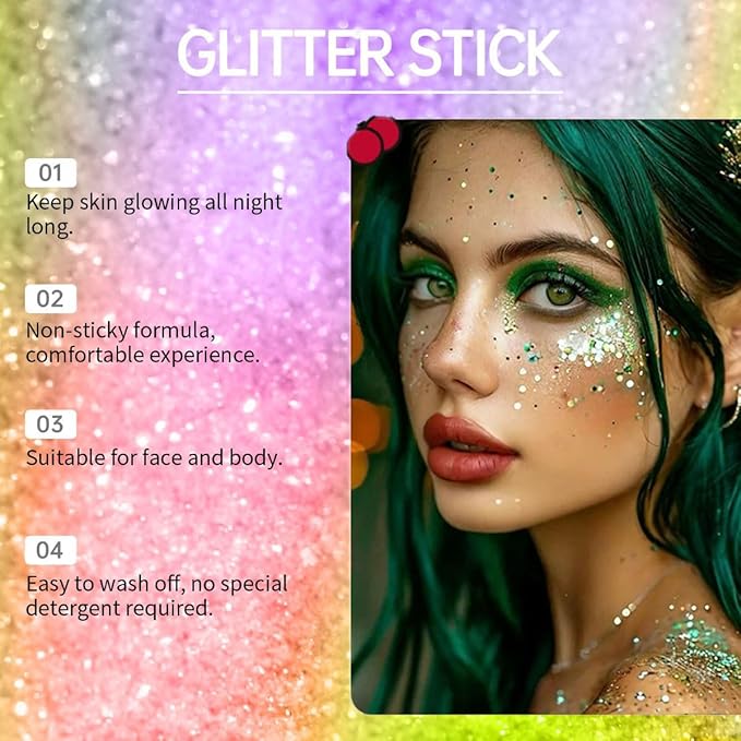 Green Body Glitter Stick, Holographic Sparkling Neon Outfit Singer Concert Music Rave Festival Accessories Face and Body Glitter Gel Makeup.