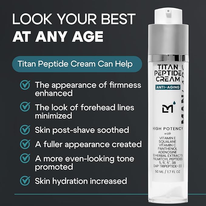 Titan Peptide Anti-Aging Mens Face Cream – Mens Face Moisturizer – For Men, Face Lotion – Men, Skin Care – Tighten, Firm, Revitalize – Peptides, Vitamin C & E, Squalane – All Skin – Unscented