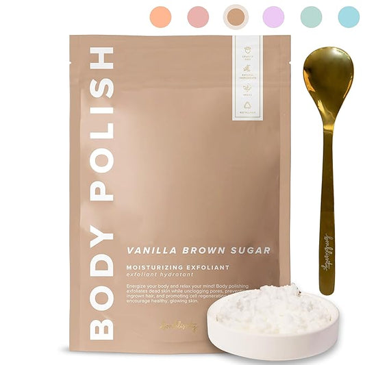 Bonblissity Body Polish, 8oz. - Vanilla Brown Sugar Scented Body Scrub Exfoliator for Women, Exfoliating Sugar Scrub To Lotion Moisturizer, Gentle Exfoliant for Dry and Sensitive Skin, Handmade in USA