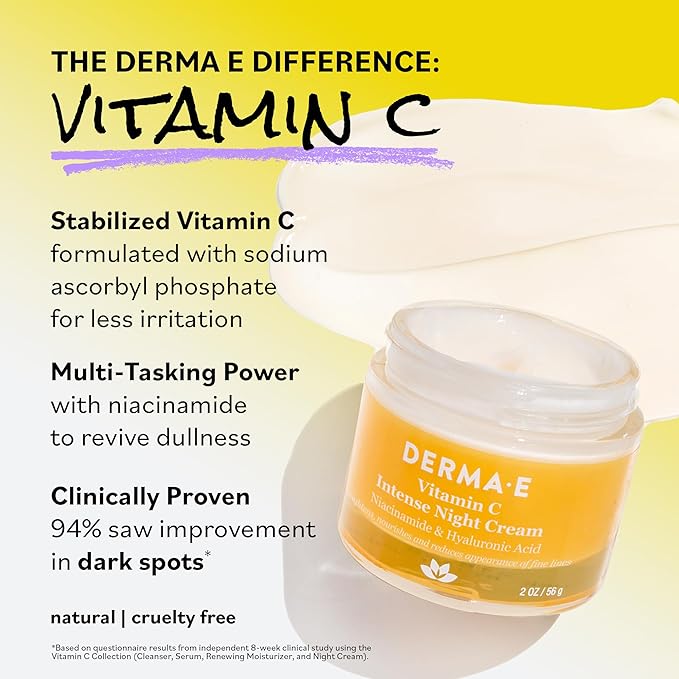 DERMA-E Vitamin C Intense Night Cream, 2 Oz, Brightening and Hydrating Facial Skin Renewing Cream, Anti-Aging Overnight Face Moisturizer for Skincare and Youthful Radiance