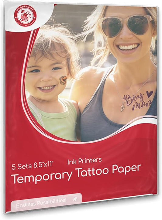 BubblePop! Printable Temporary Tattoo Paper for Inkjet Printer - Skin-Safe, Water-Resistant, Blank 8.5x11” Sheets for Personalized Designs - Make Your Own Temporary Tattoos at Home - 5 Set