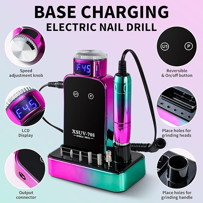 ANRLO Professional Electric Nail Drill, 45000 RPM Cordless Rechargeable E-File Machine, with 12 Bits, Sanding Bands, LCD Display for Acrylic Gel Nails (DMJTZ-708-Green-US)