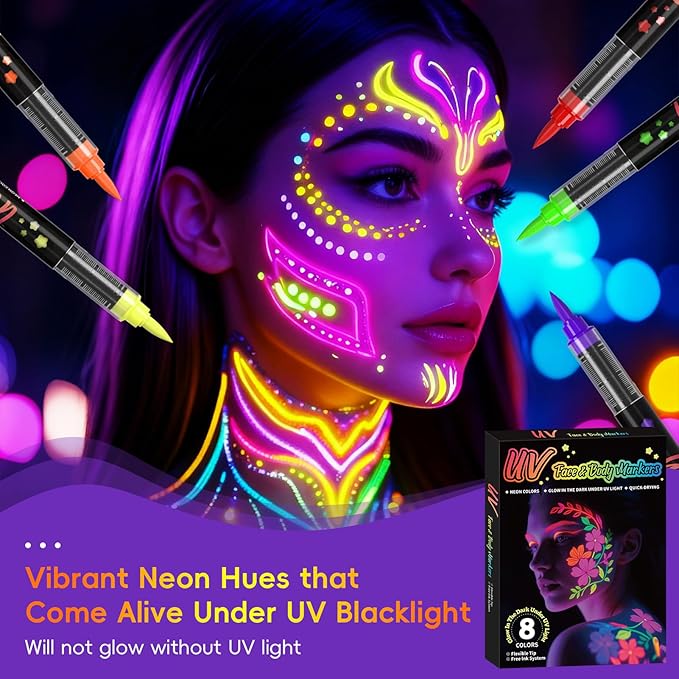 Glow in the Dark Body Paint,Halloween Makeup Kit,Neon Face Painting Markers Pen for Skin Glow Under Black Light, Washable UV Temporary Tattoo Pens for Glow Party Supplies (16 color)