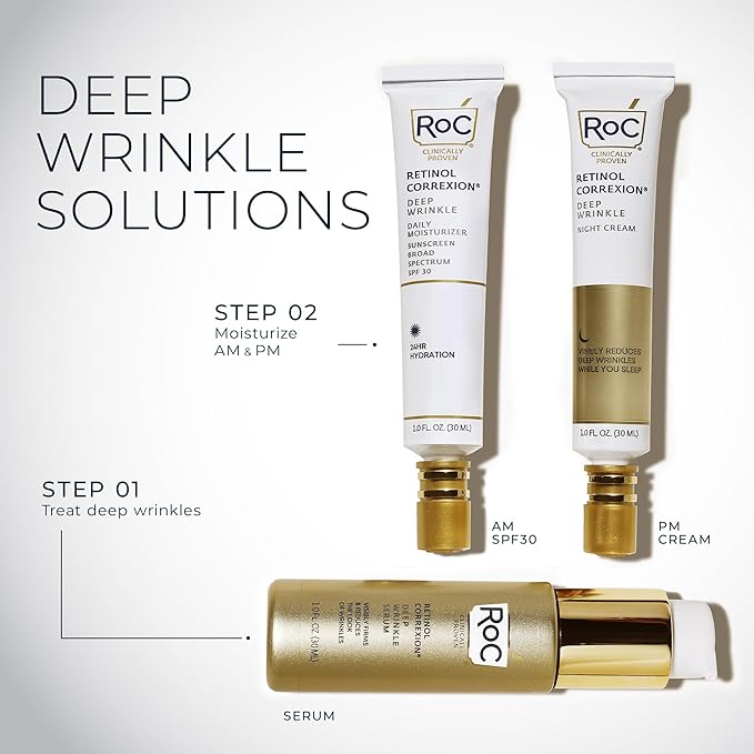 RoC Retinol Correxion Deep Wrinkle Daily Face Moisturizer with Sunscreen SPF 30 for Fine Lines, Dark Spots, Post-Acne Scars, 1 Ounce (Packaging May Vary)