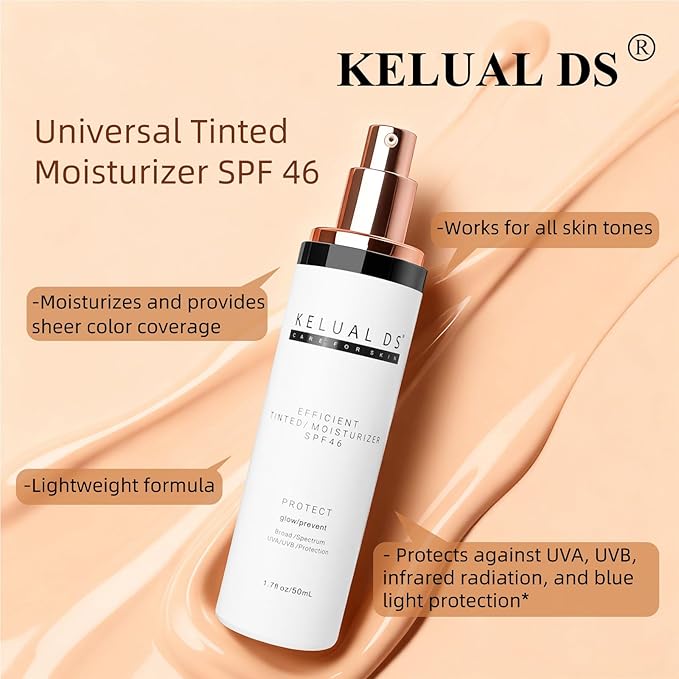 KELUAL DS Anti-Aging Tinted Face Moisturizer & Sheer Face Sunscreen SPF 46, Hydrating Skin Care & Sunscreen Moisturizer,1.7OZ/50ML