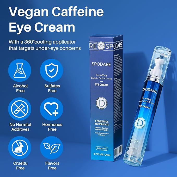 Caffeine Eye Cream, Under Eye Cream for Dark Circles, Puffiness & Puffy Bags, Wrinkles Fine Lines, Eye Roller Serum with 360° Massage Ball for Women and Men - 0.7 fl. oz