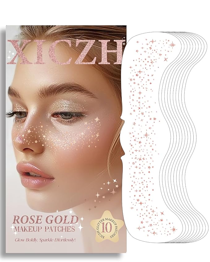 Face Glitter, Rose Gold Temporary Face Tattoos, Face Makeup Patches for Women Girls, Country Concerts Singer Festival Rave Accessories (Rose Gold - 10 pcs)