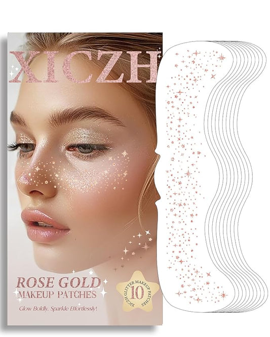 Face Glitter, Rose Gold Temporary Face Tattoos, Face Makeup Patches for Women Girls, Country Concerts Singer Festival Rave Accessories (Rose Gold - 10 pcs)