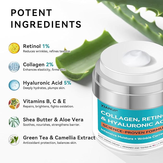 Retinol, Collagen & Hyaluronic Acid Face Cream - Anti-Aging Moisturizer for Face, Neck & Décolleté - Deep Nourishing, Firming & Wrinkle Reduction - Day & Night Use, 1.7 fl.oz.