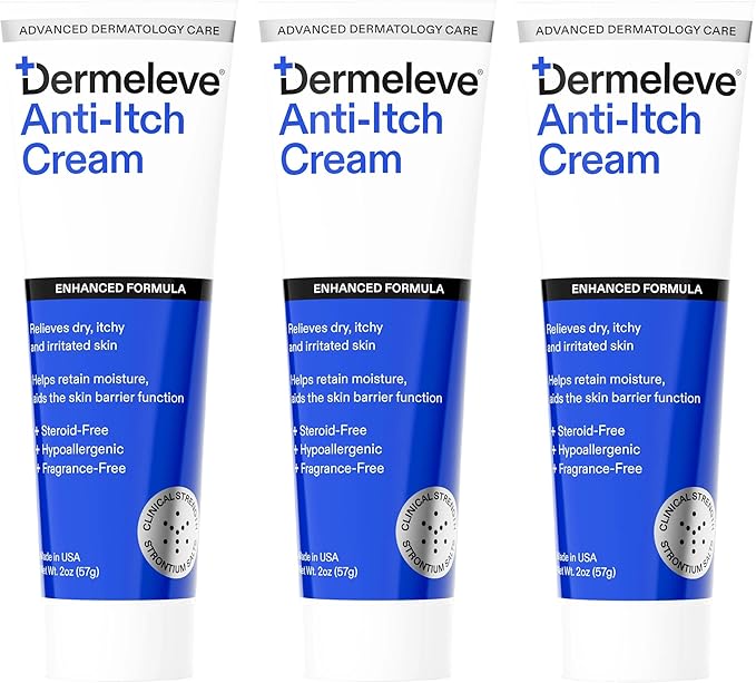 Dermeleve Steroid Free Anti-Itch Cream | Extra Strength for Psoriasis, Seborrheic Dermatitis, Viral Rash, Bug Bites, Allergy, Chronic Hives, Neuropathy (Nerve) | Full Body Itch Relief | 2 oz (3 Pack)