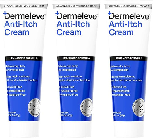 Dermeleve Steroid Free Anti-Itch Cream | Extra Strength for Psoriasis, Seborrheic Dermatitis, Viral Rash, Bug Bites, Allergy, Chronic Hives, Neuropathy (Nerve) | Full Body Itch Relief | 2 oz (3 Pack)