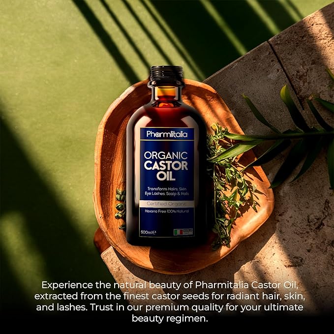 Pharmlitalia Caster Oil Organic Cold Pressed Unrefined Glass Bottle - Organic Golden Castor Oil for Face, Scalp, Eyelashes, Skin Care and Nails - Aceite De Castor Organico Puro - 500ml