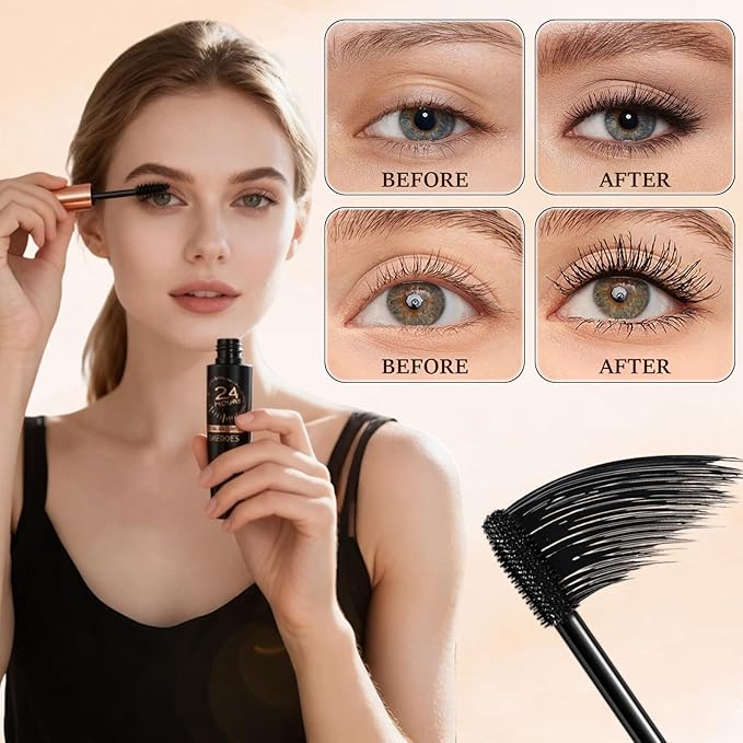 2 PCS 4D Waterproof Silk Fibre Thick Lengthening Mascara, Long Lasting Smudge-Proof Curling Eyelashes Mascaras with No Flaking Black Volume and Length Natural, All Day Full