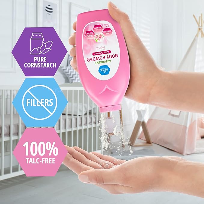 MED PRIDE Talc Free Cornstarch Body Powder with Rose Scent, Moisture Absorbing Skin Care for Daily Freshness, Cruelty Free Formula, 13 Ounce Bottle