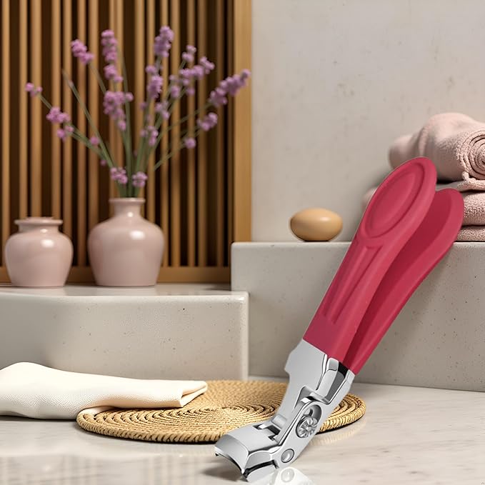 Professional Ruby Red Angled Nail Clippers for Seniors – 5'' Elegant Thick Toenail Clipper with Nail File, Ultra-Sharp Blades, Nail Catcher, Easy Grip & Safe Home Manicure & Pedicure Care Tool