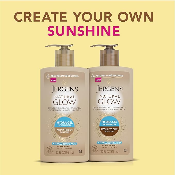 Jergens Natural Glow Hydra Gel Moisturizer, Hyaluronic Acid Tanning Lotion, Hydrating Tanning Gel, Fragrance-Free Self Tanner, Medium to Deep Skin Tones 8.3 Oz