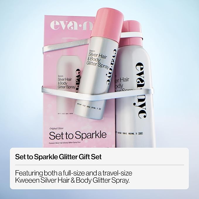 Eva NYC Kweeen Silver Hair and Body Glitter Spray Set - Original Ultra Shimmery Glitter, New Look - Adds Shine + Non-Sticky - Quick Drying Spray - Warm Vanilla Scent - Full Size + Travel Size Gift Set