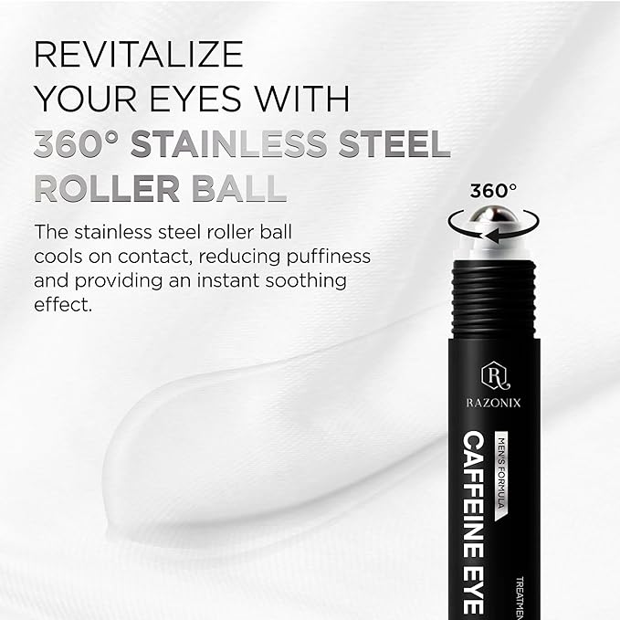 RAZONIX Eye Bags Treatment for Men: Caffeine Eye Roller for Puffy Eyes and Puffiness – Under Eye Cream for Dark Circles (Medium, Unscented)