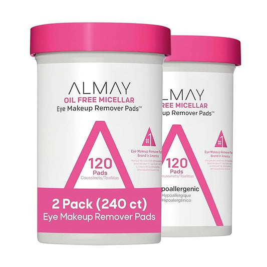 Almay Eye Makeup Remover Pads, Micellar Gentle, Hypoallergenic, Fragrance-Free, Ophthalmologist Tested, Stocking Stuffer for Women, 120 Count (Pack of 2)