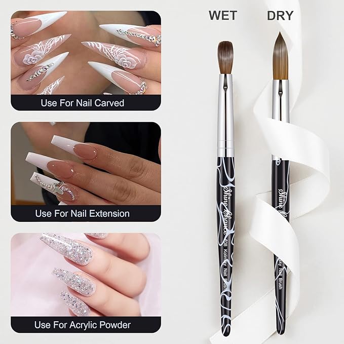 Shine Chance Acrylic Nail Art Brush Size 8, 100% Pure Kolinsky Hair Oval for Application, Professional Extension Manicure Tool Striping Drawing Pen DIY Home Salon, Black