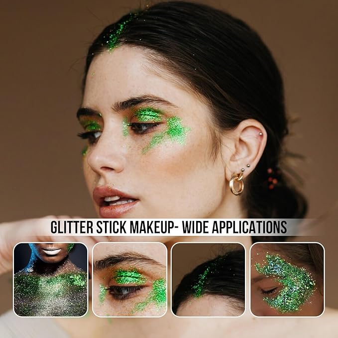 Brzeaf Waterproof Christmas Green Glitter Stick, Chunky Glitter for Face/Body/Hair/Eyes/Lip, Singer Concert Music Rave Festival, Glitter Stick Makeup & Face Glitter Gel for Women Men 0.56 OZ