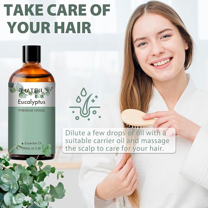PHATOIL Pure Eucalyptus Essential Oil, 100% Pure Therapeutic Grade Premium Oil for Hair Care, Skin, Aromatherapy 3.38Fl Oz