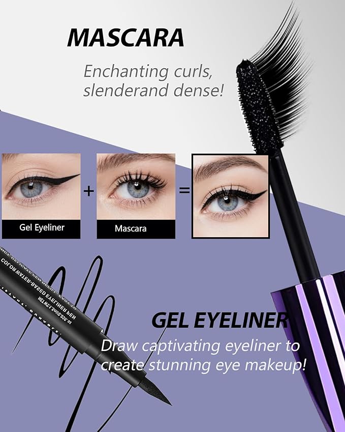 Waterproof Black Mascara&Liquid Eyeliner Pen Set,Volumizing Colored 5D Fiber Mascara for Eyelash Volume and Length Máscara,Longlasting Smudgeproof Matte Color Eye Liner Pencil Women Party Stage Use