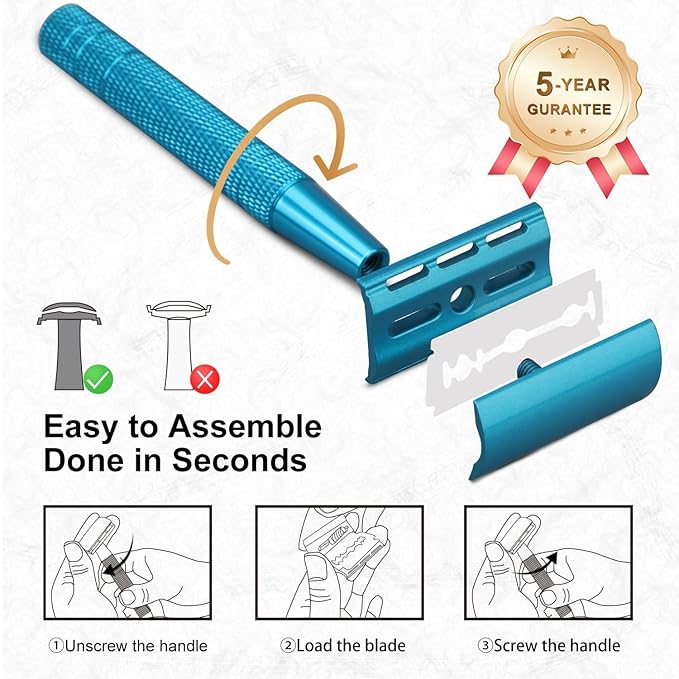 Double Edge Safety Razor with Stand, Single Blade Razors for Men and Women, with 10 Stainless Steel Double Edge Blades, Smooth and Close Shave, Plastic Free, Blue