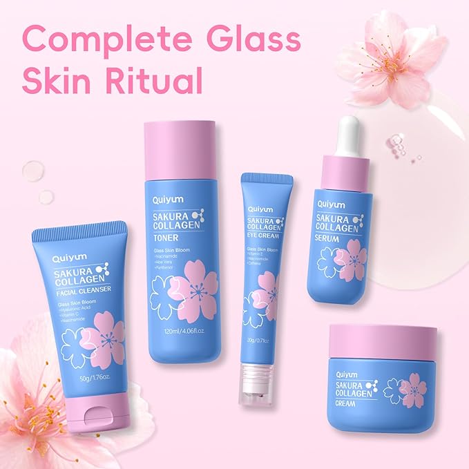 Sakura Collagen Skincare Set - 8-Piece Glass Skin Routine with Cleanser, Toner, Serum, Eye Cream, Moisturizer | Hydrating, Firming, Glowing for All Skin Types, Skin Care Gift Sets