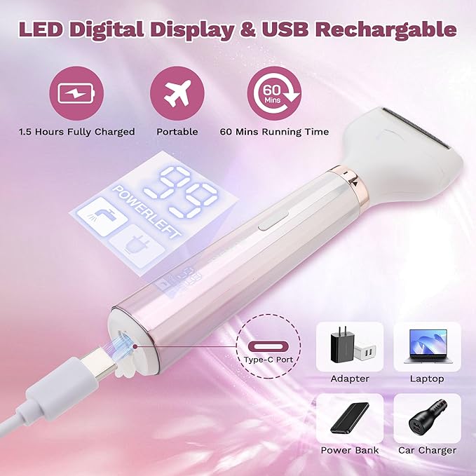Electric Razors for Women, 5 in 1 Bikini Trimmer for Women, Wet/Dry Womens Electric Shaver Razor, Face Shaver for Face Nose Eyebrow Arms Armpit Legs Pubic Area, Facial Hair Removal