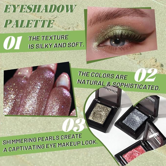 Sparkly Eyeshadow Palette for Women, Single Monochrome Eye Shadow Makeup, Shiny Pressed Cream Powder, Blendable Natural sombras para ojos, Holographic,Vegan,Travel (02-Glitter-Green)