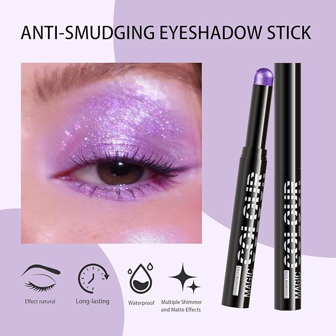 Glitter Cream Eyeshadow Stick, Purple Holographic Eye Shadow Stick, Long-Lasting and Blendable High Pigmented Single Eyeliner Makeup for Women, 23 Purple