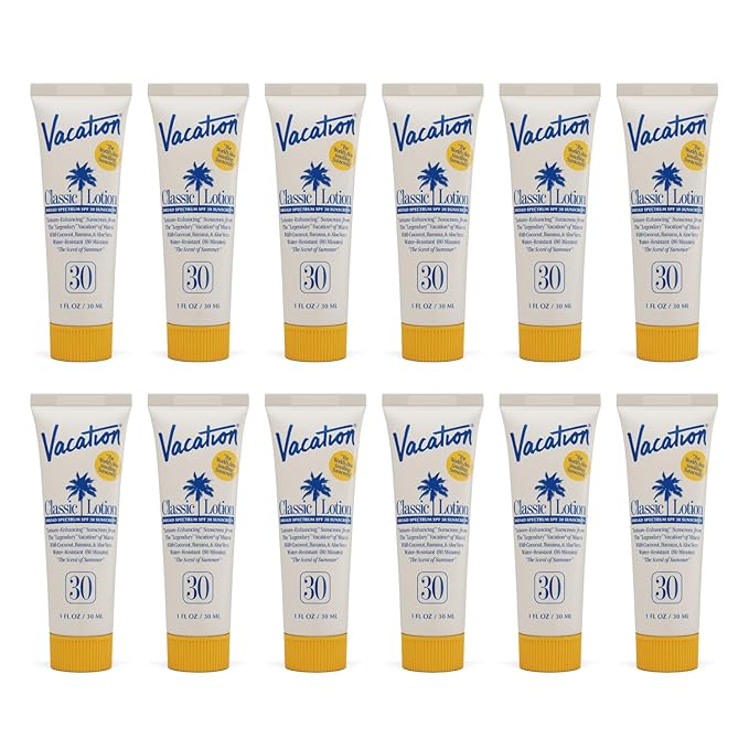 Vacation Mini Classic Sunscreen SPF 30, Water-Resistant, Bulk Suntan Lotion, Bachelorette Party Favors, Beach Must Haves, Traveling Essentials, Travel Size, 1 Fl. Oz. (Value Pack of 12)