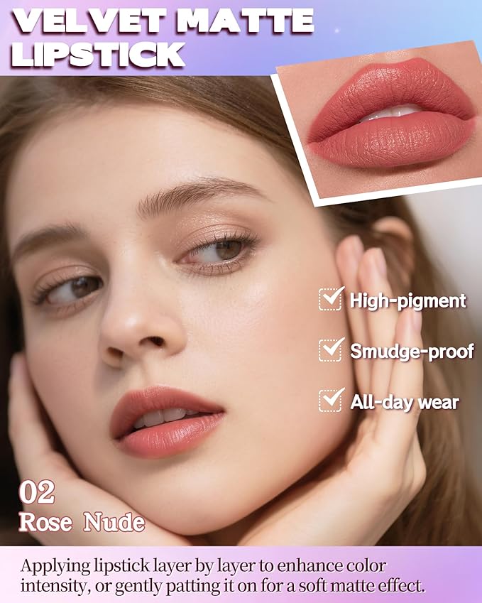Matte Lipstick, Velvet Rose Nude Lip Stick Crayon Pencil, Waterproof Long Wear Lipstick 24 Hour High Pigmented, Smudge-proof Non-stick Hydrating Natural Lipgloss Christmas Makeup gift for Women-02