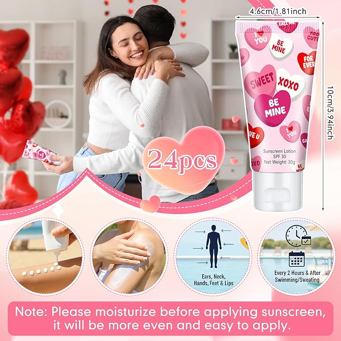 24 Pcs Mini Sunscreen Bulk for Valentine's Day Party Spf 30 Water Resistant Sunscreen Lotion Bulk 1oz Travel Size for Thank You Gifts Valentines Party Supplies
