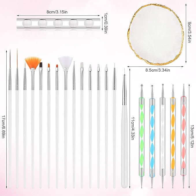 22 Pcs Nail Art Brush Set - Acrylic Silicone Dotting Pen Tools, Resin Nail Art Palette - Nails Design Tools for DIY Home Salon, Display Board