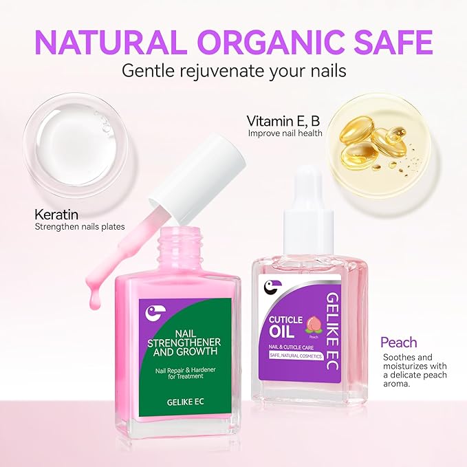 Gelike EC Nail Care Gift Set: Pink Fingernail Nail Growth Treatment & Peach Cuticle Oil 15ml - Cute & Fruity Manicure Set for Thin Peeling Nails - Women Mom Girlfriend Teens Girls Favorite
